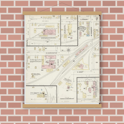 Old map wall art mockup — magnetic wood frame on brick wall — Sanborn Fire Insurance Map from Raleigh, Wake County, North Carolina (1888), Sheet #0007