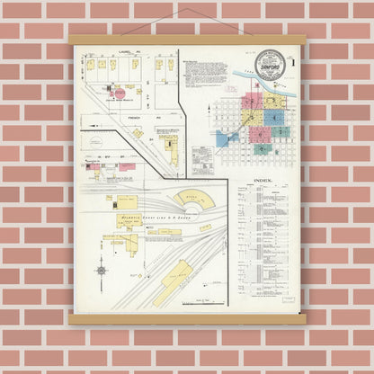 Old map wall art mockup — magnetic wood frame on brick wall — Sanborn Fire Insurance Map from Sanford, Seminole County, Florida (1912) - Complete Map Set