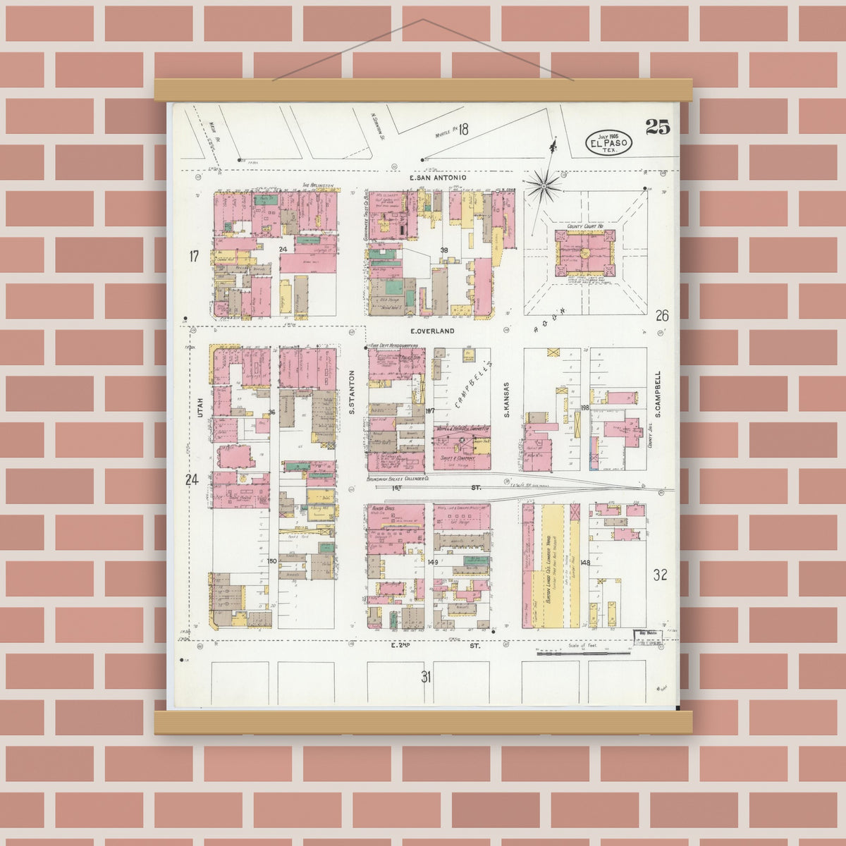 Old map wall art mockup — magnetic wood frame on brick wall — Sanborn Fire Insurance Map from El Paso, El Paso County, Texas (1905), Sheet #0025
