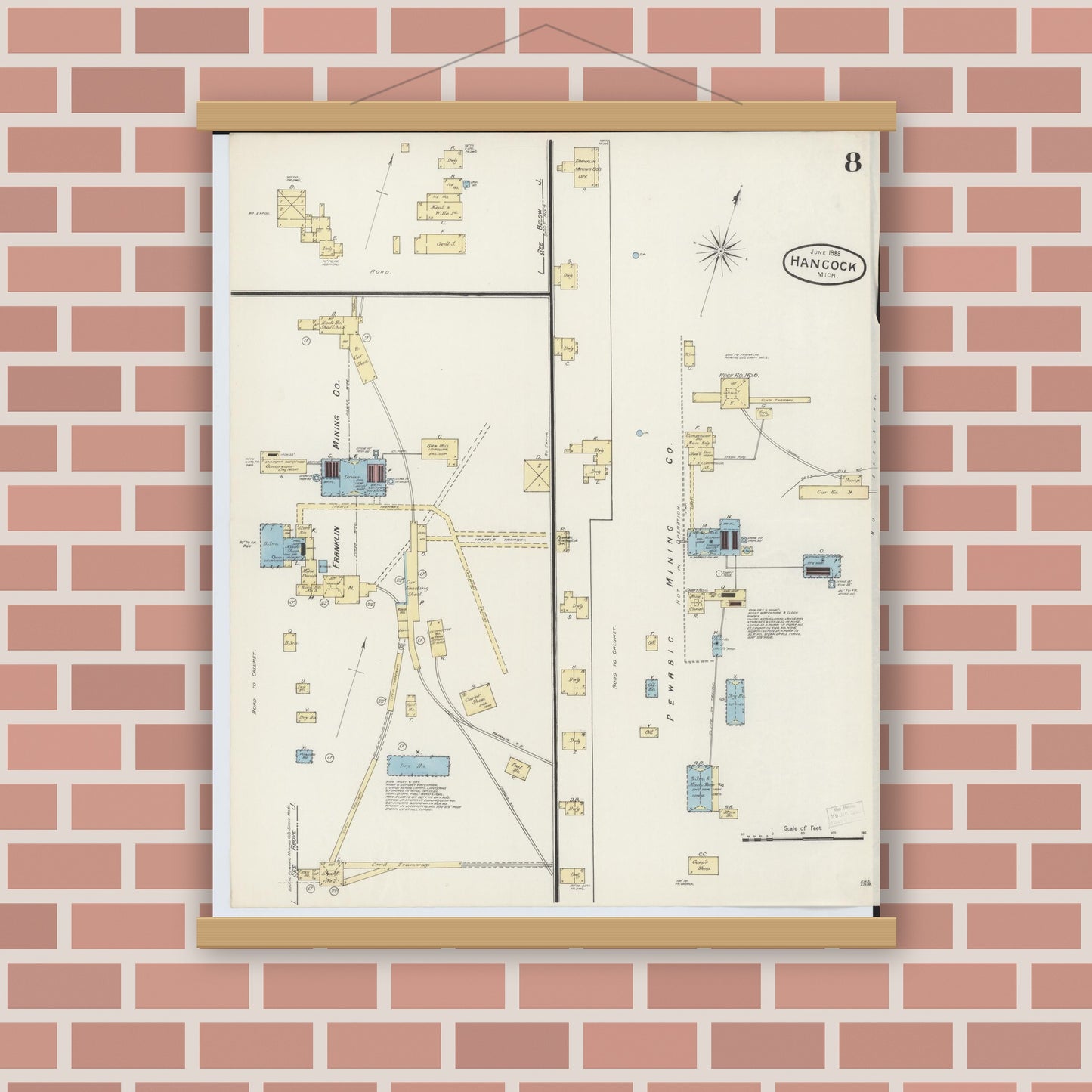 Old map wall art mockup — magnetic wood frame on brick wall — Sanborn Fire Insurance Map from Houghton, Houghton County, Michigan (1888), Sheet #0008