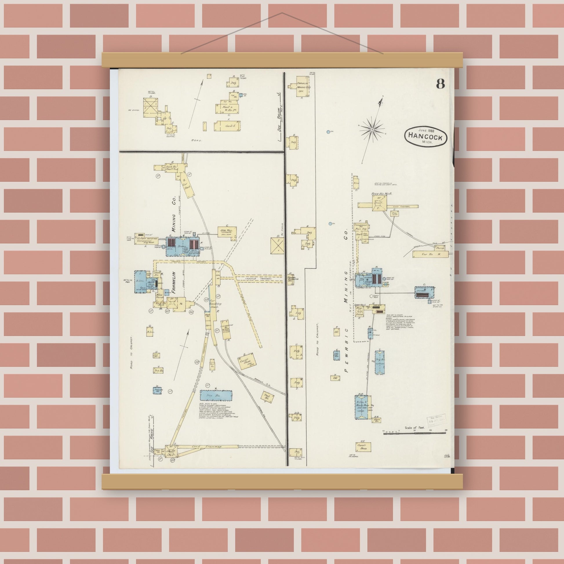 Old map wall art mockup — magnetic wood frame on brick wall — Sanborn Fire Insurance Map from Houghton, Houghton County, Michigan (1888), Sheet #0008