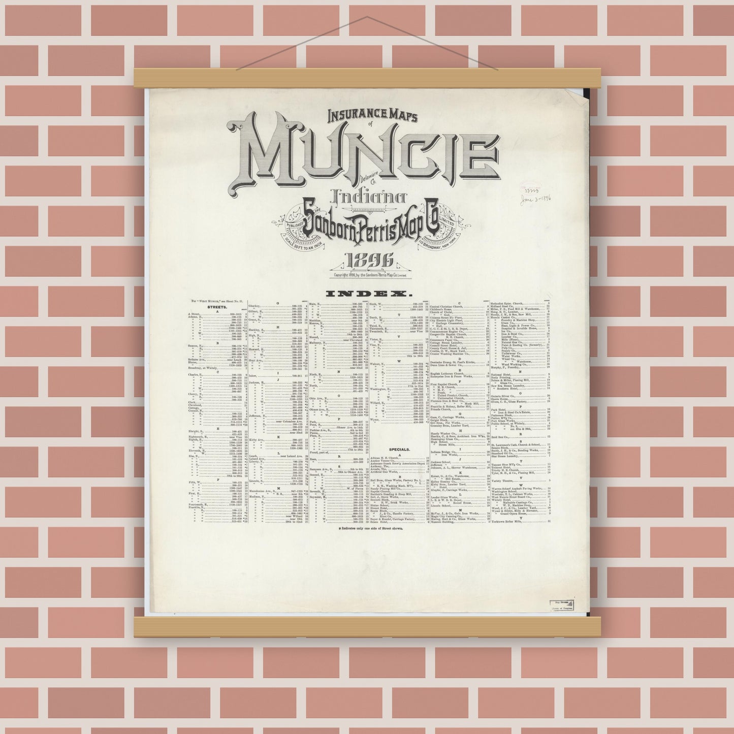 Old map wall art mockup — magnetic wood frame on brick wall — Sanborn Fire Insurance Map from Muncie, Delaware County, Indiana (1896), Sheet #0001