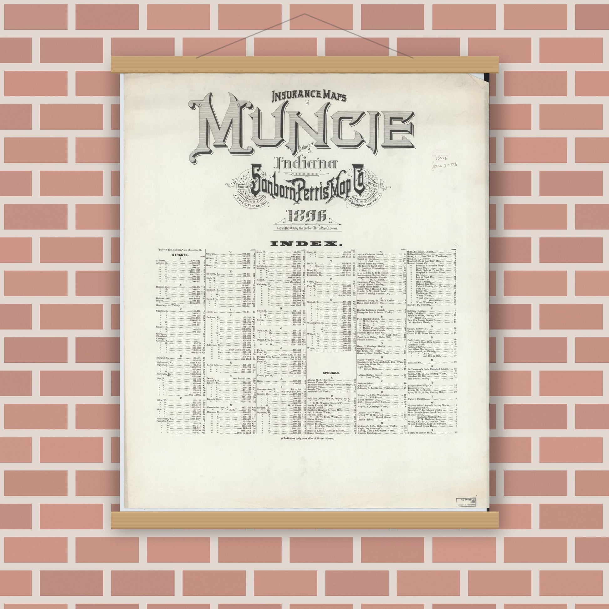 Old map wall art mockup — magnetic wood frame on brick wall — Sanborn Fire Insurance Map from Muncie, Delaware County, Indiana (1896), Sheet #0001