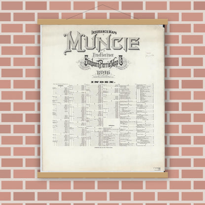 Old map wall art mockup — magnetic wood frame on brick wall — Sanborn Fire Insurance Map from Muncie, Delaware County, Indiana (1896), Sheet #0001