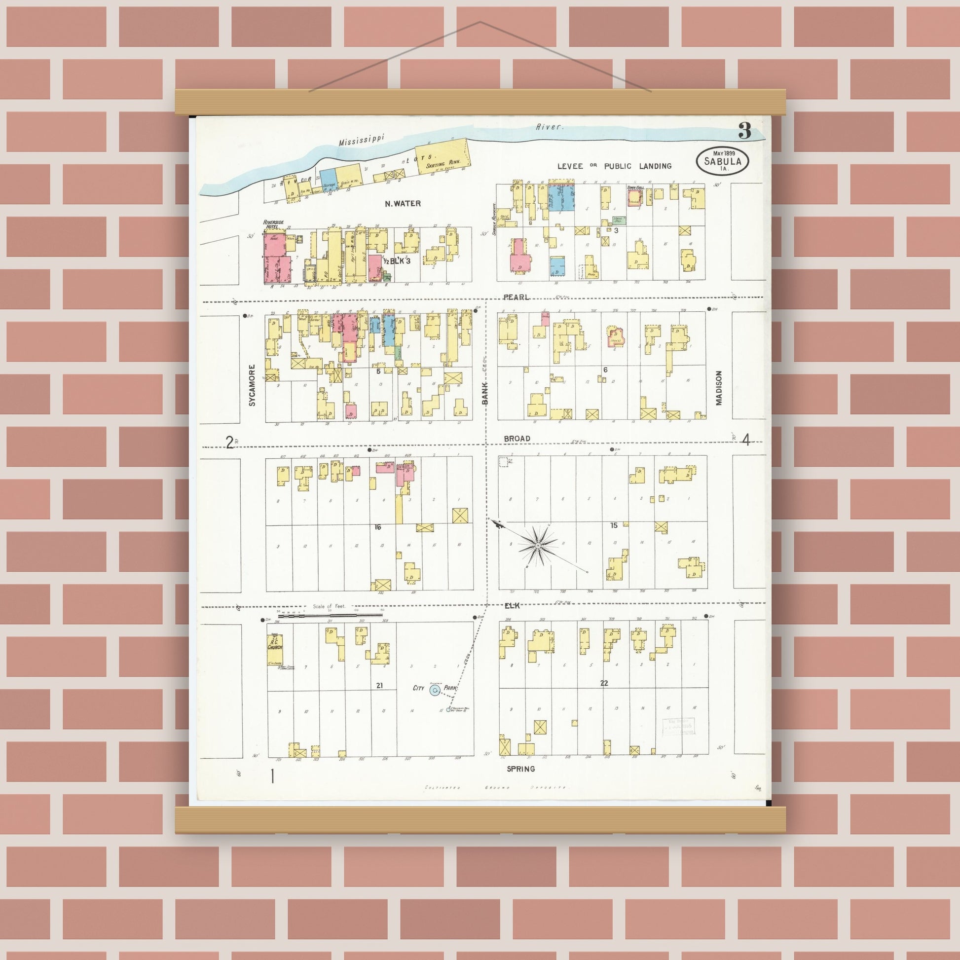 Old map wall art mockup — magnetic wood frame on brick wall — Sanborn Fire Insurance Map from Sabula, Jackson County, Iowa (1899), Sheet #0003