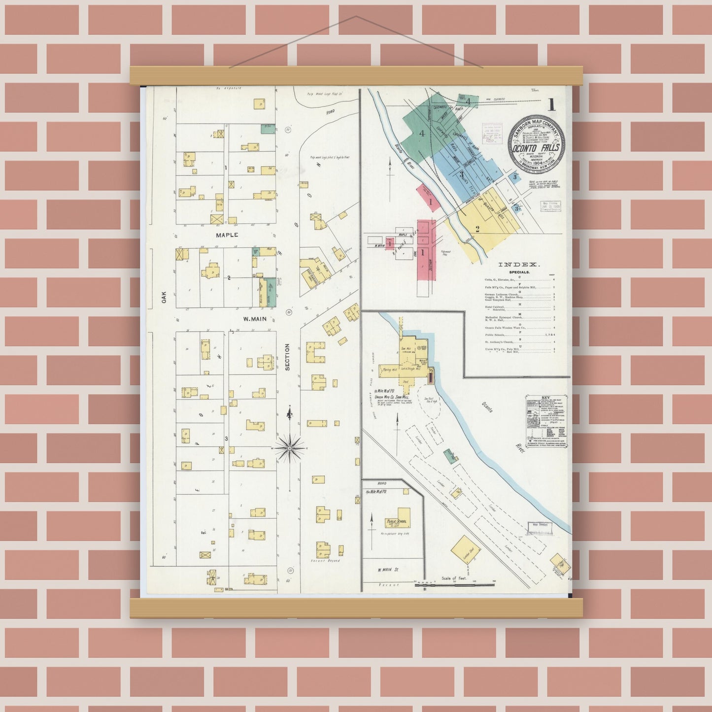 Old map wall art mockup — magnetic wood frame on brick wall — Sanborn Fire Insurance Map from Oconto Falls, Oconto County, Wisconsin (1904), Sheet #0001