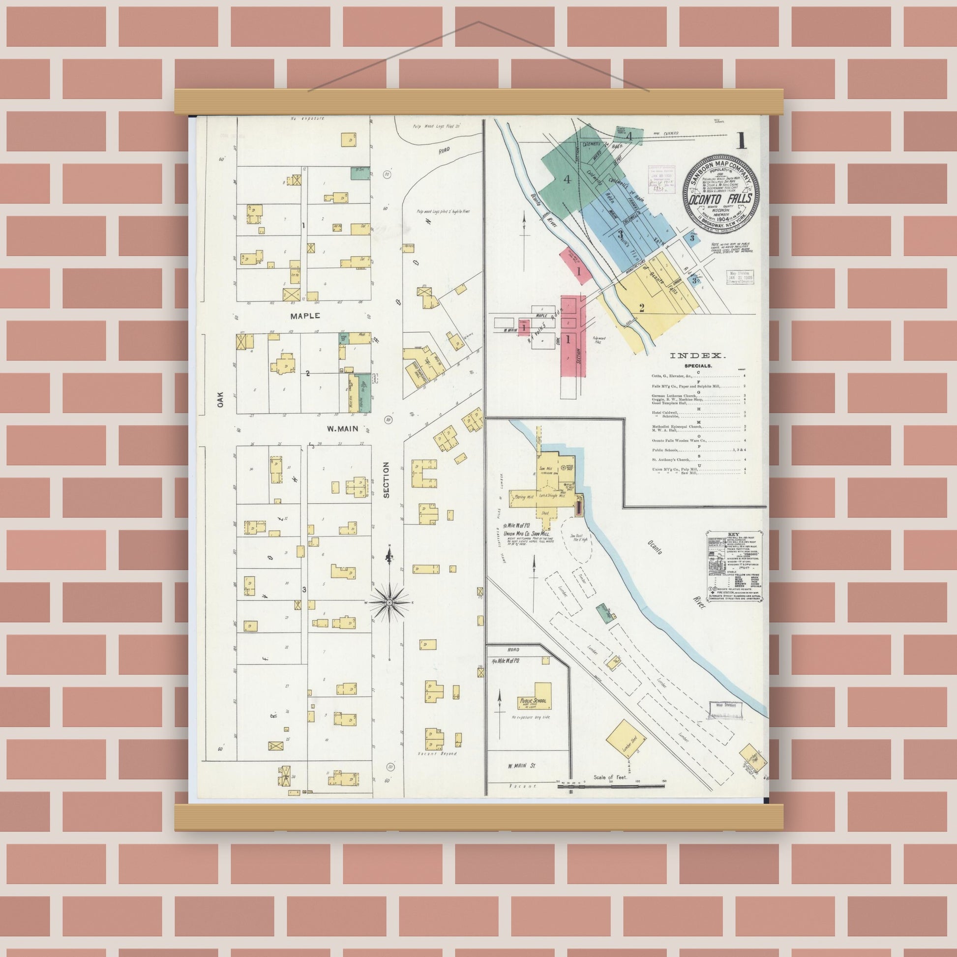 Old map wall art mockup — magnetic wood frame on brick wall — Sanborn Fire Insurance Map from Oconto Falls, Oconto County, Wisconsin (1904), Sheet #0001
