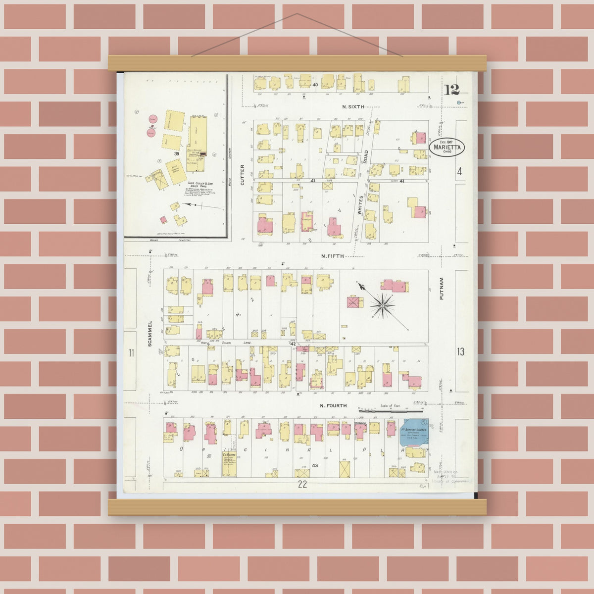 Old map wall art mockup — magnetic wood frame on brick wall — Sanborn Fire Insurance Map from Marietta, Washington County, Ohio (1907), Sheet #0012