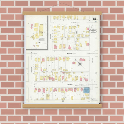 Old map wall art mockup — magnetic wood frame on brick wall — Sanborn Fire Insurance Map from Marietta, Washington County, Ohio (1907), Sheet #0012