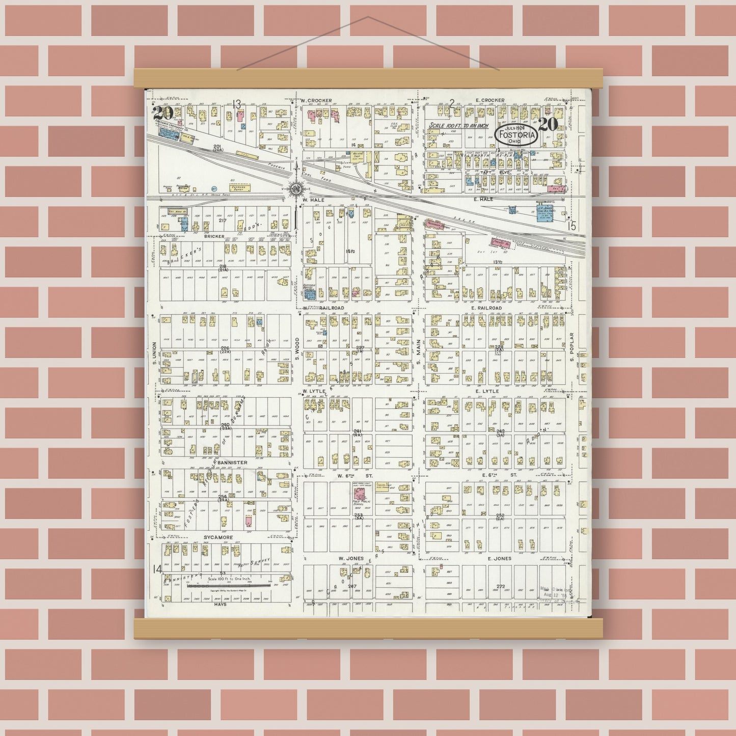 Old map wall art mockup — magnetic wood frame on brick wall — Sanborn Fire Insurance Map from Fostoria, Seneca, Hancock, And Wood Counties, Ohio (1924), Sheet #0020