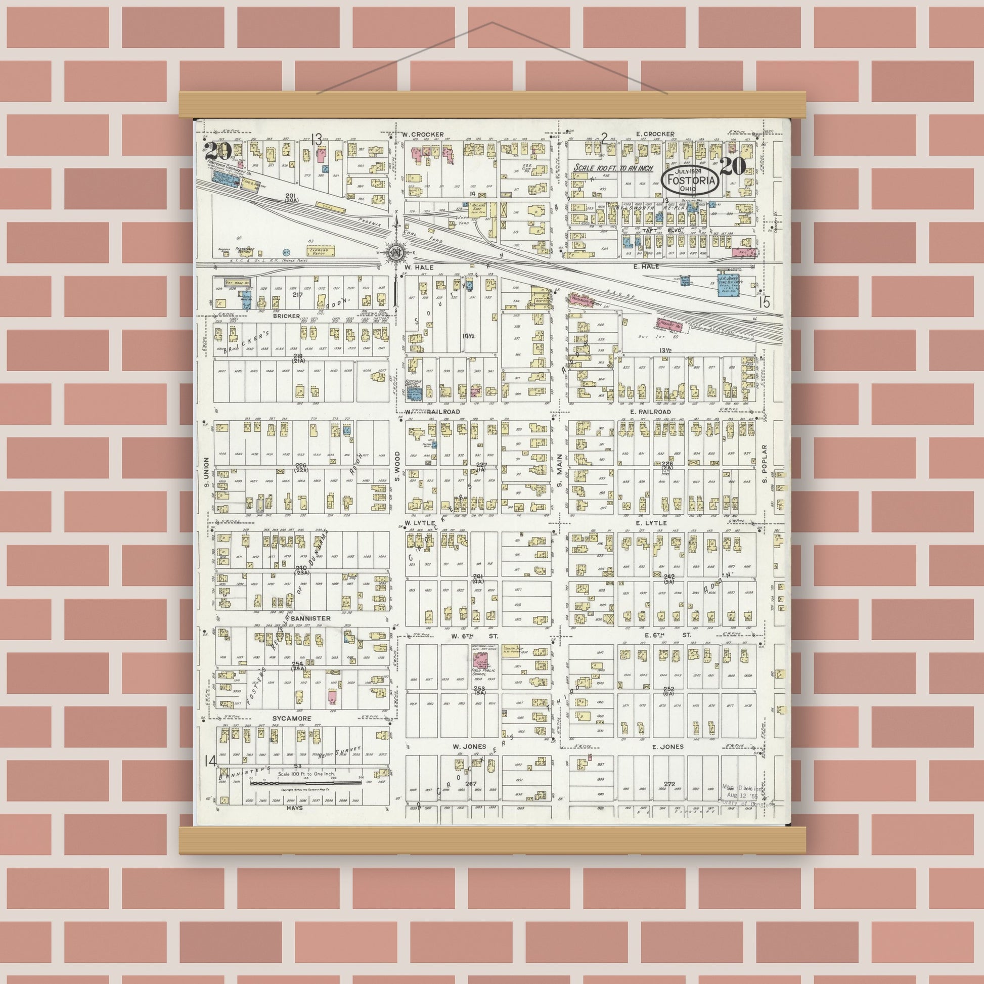 Old map wall art mockup — magnetic wood frame on brick wall — Sanborn Fire Insurance Map from Fostoria, Seneca, Hancock, And Wood Counties, Ohio (1924), Sheet #0020