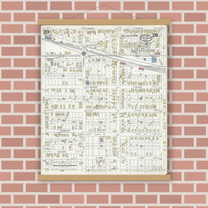 Old map wall art mockup — magnetic wood frame on brick wall — Sanborn Fire Insurance Map from Fostoria, Seneca, Hancock, And Wood Counties, Ohio (1924), Sheet #0020