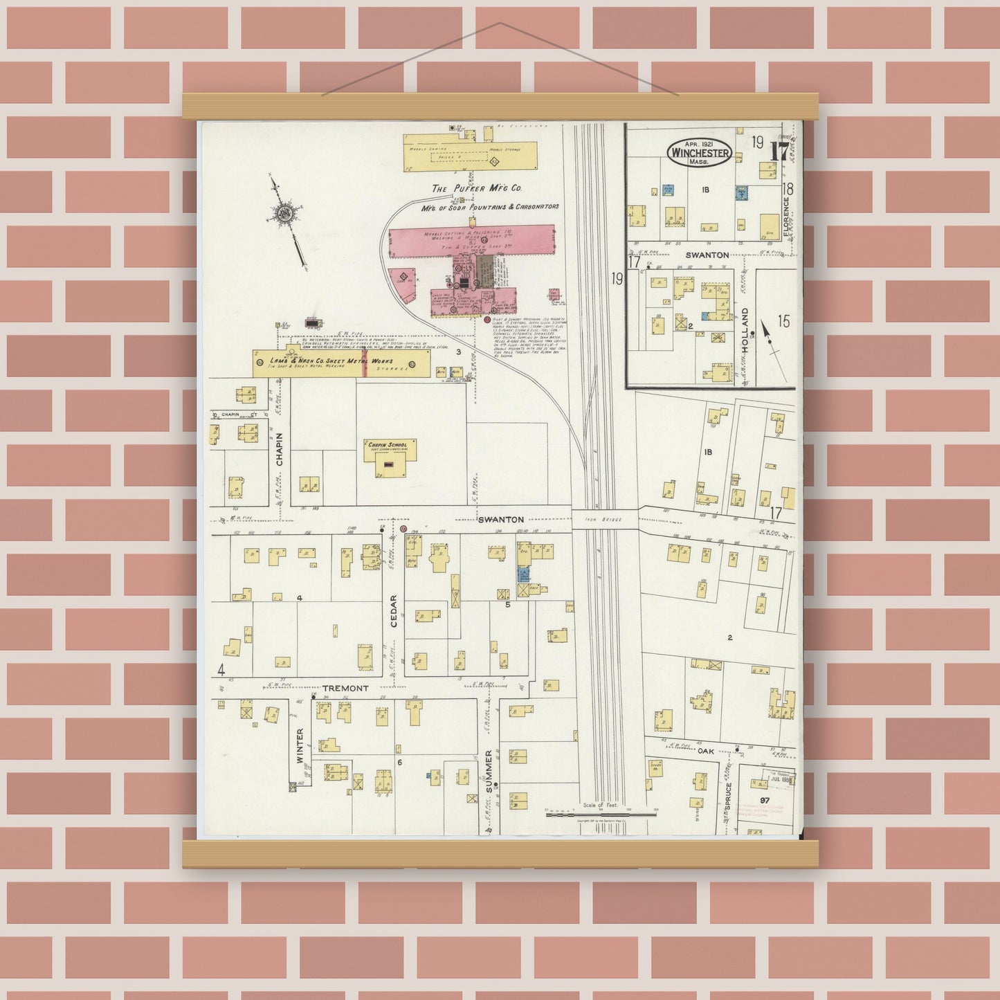 Old map wall art mockup — magnetic wood frame on brick wall — Sanborn Fire Insurance Map from Winchester, Middlesex County, Massachusetts (1921), Sheet #0017