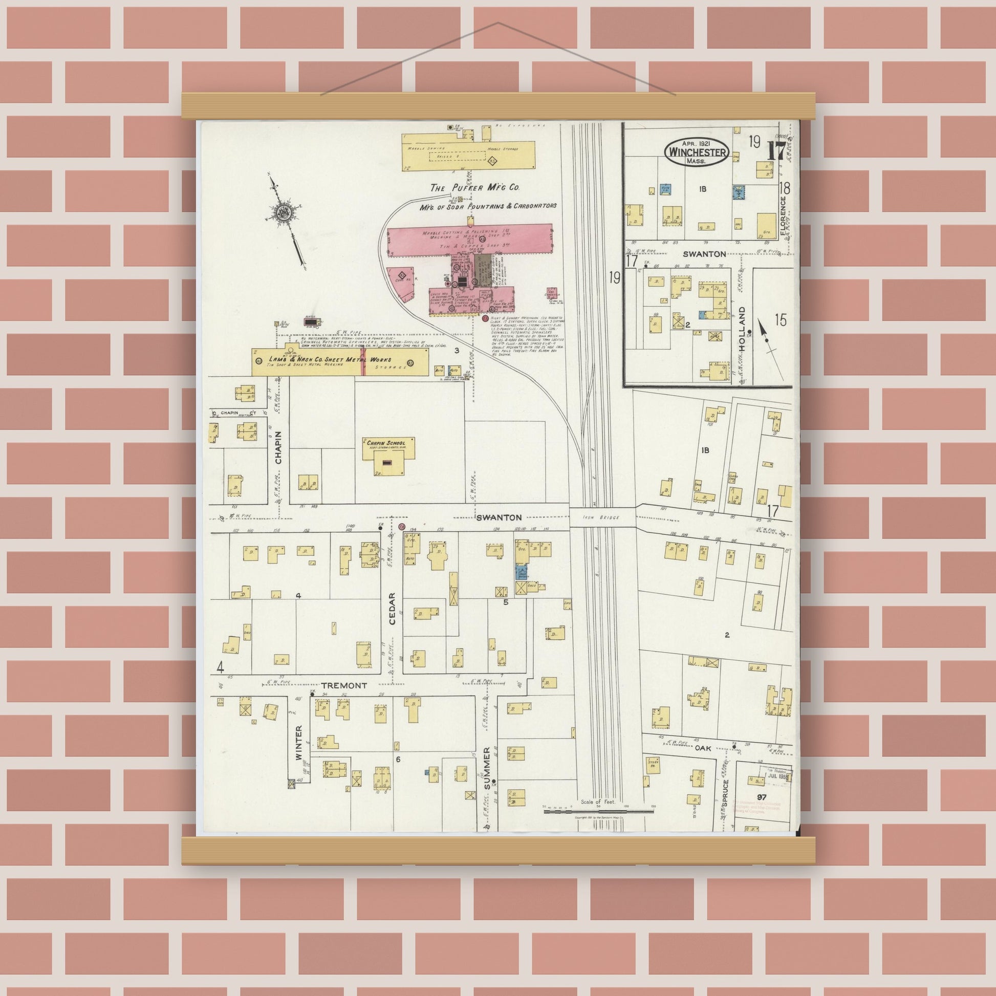 Old map wall art mockup — magnetic wood frame on brick wall — Sanborn Fire Insurance Map from Winchester, Middlesex County, Massachusetts (1921), Sheet #0017
