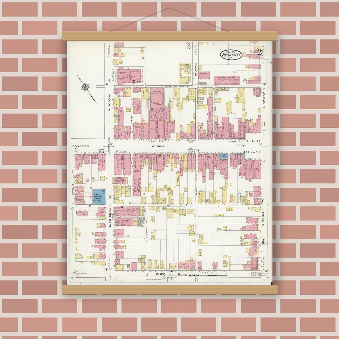 Old map wall art mockup — magnetic wood frame on brick wall — Sanborn Fire Insurance Map from Waynesboro, Franklin County, Pennsylvania (1916), Sheet #0002