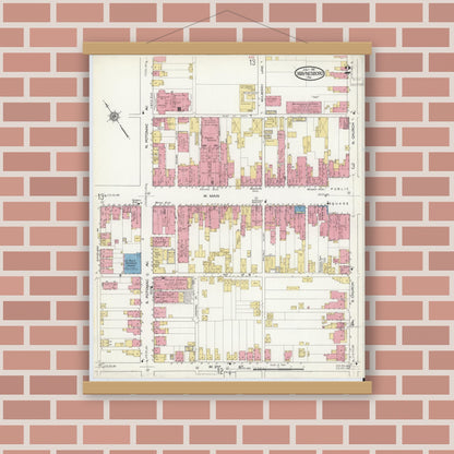 Old map wall art mockup — magnetic wood frame on brick wall — Sanborn Fire Insurance Map from Waynesboro, Franklin County, Pennsylvania (1916), Sheet #0002