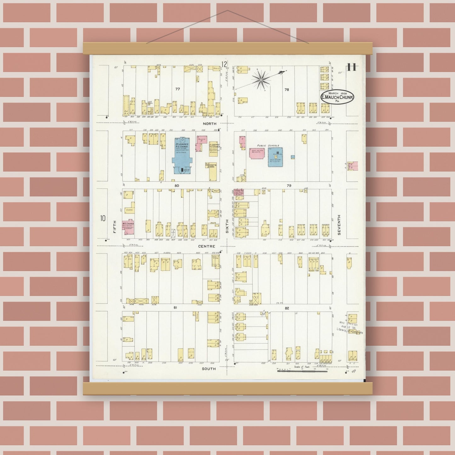 Old map wall art mockup — magnetic wood frame on brick wall — Sanborn Fire Insurance Map from Mauch Chunk, Carbon County, Pennsylvania (1908), Sheet #0011