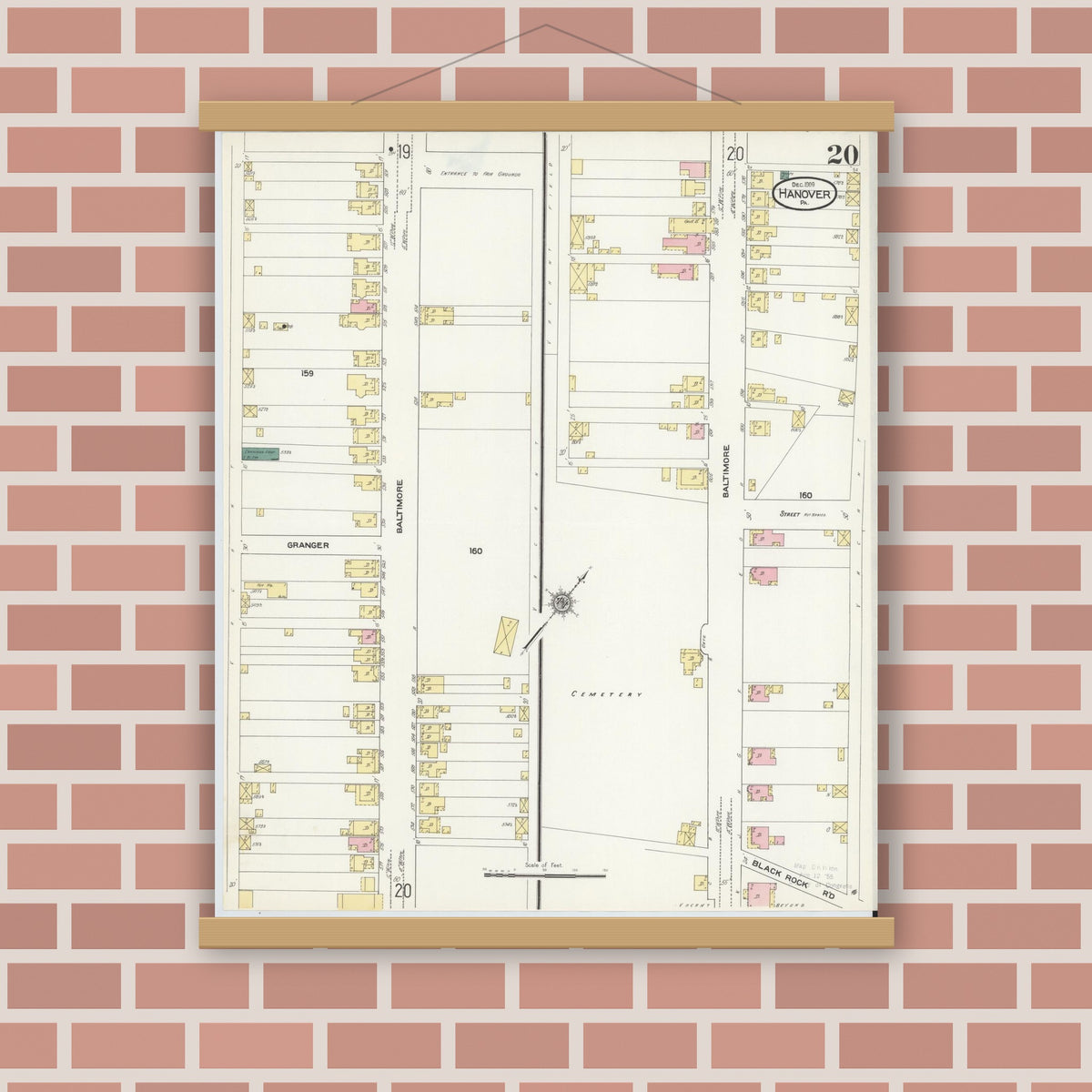 Old map wall art mockup — magnetic wood frame on brick wall — Sanborn Fire Insurance Map from Hanover, York County, Pennsylvania (1909), Sheet #0020