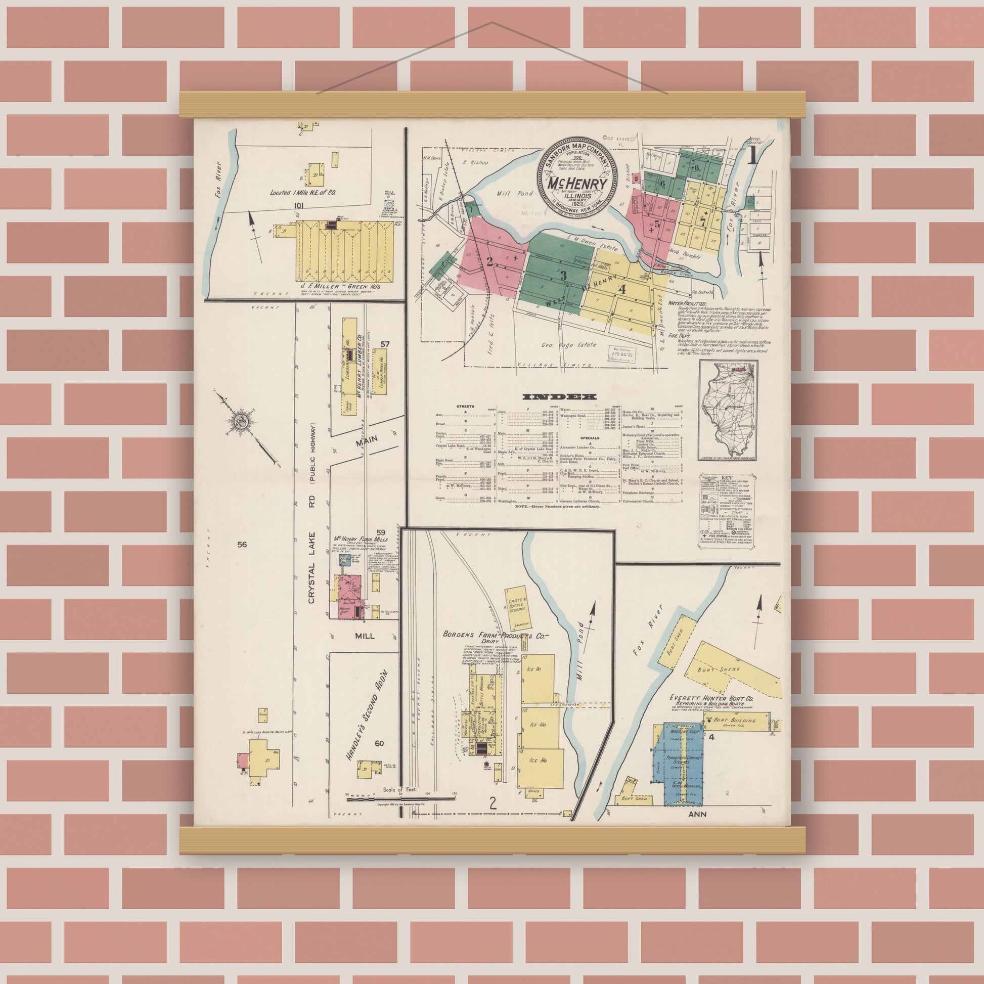 Old map wall art mockup — magnetic wood frame on brick wall — Sanborn Fire Insurance Map from McHenry, McHenry County, Illinois (1922) - Complete Map Set