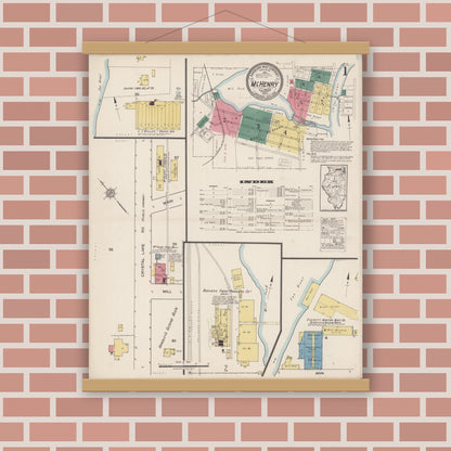 Old map wall art mockup — magnetic wood frame on brick wall — Sanborn Fire Insurance Map from McHenry, McHenry County, Illinois (1922) - Complete Map Set