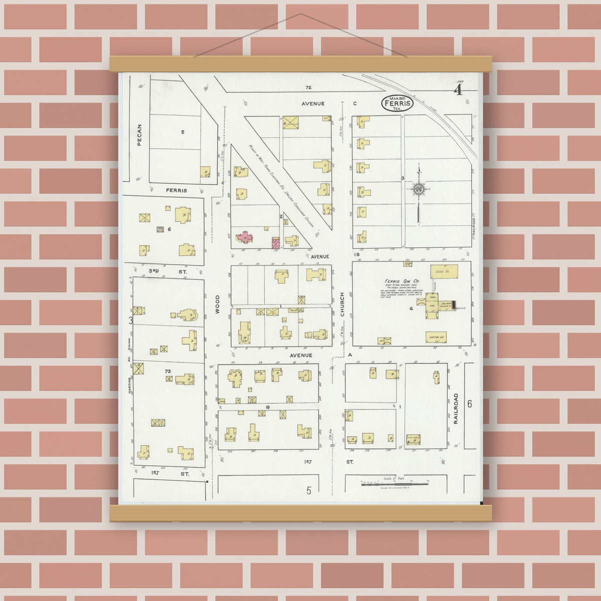 Old map wall art mockup — magnetic wood frame on brick wall — Sanborn Fire Insurance Map from Ferris, Ellis County, Texas (1921), Sheet #0004