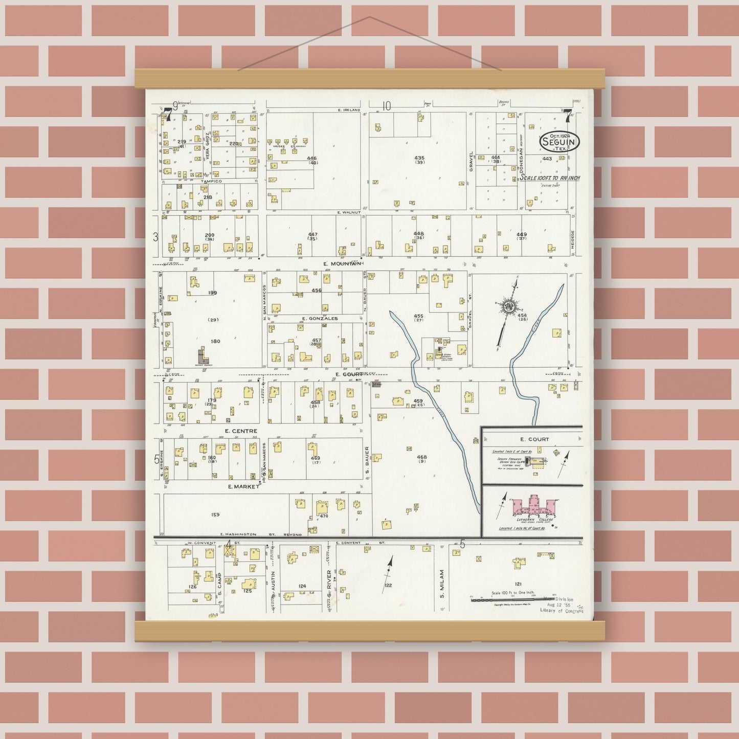 Old map wall art mockup — magnetic wood frame on brick wall — Sanborn Fire Insurance Map from Seguin, Guadalupe County, Texas (1924), Sheet #0007