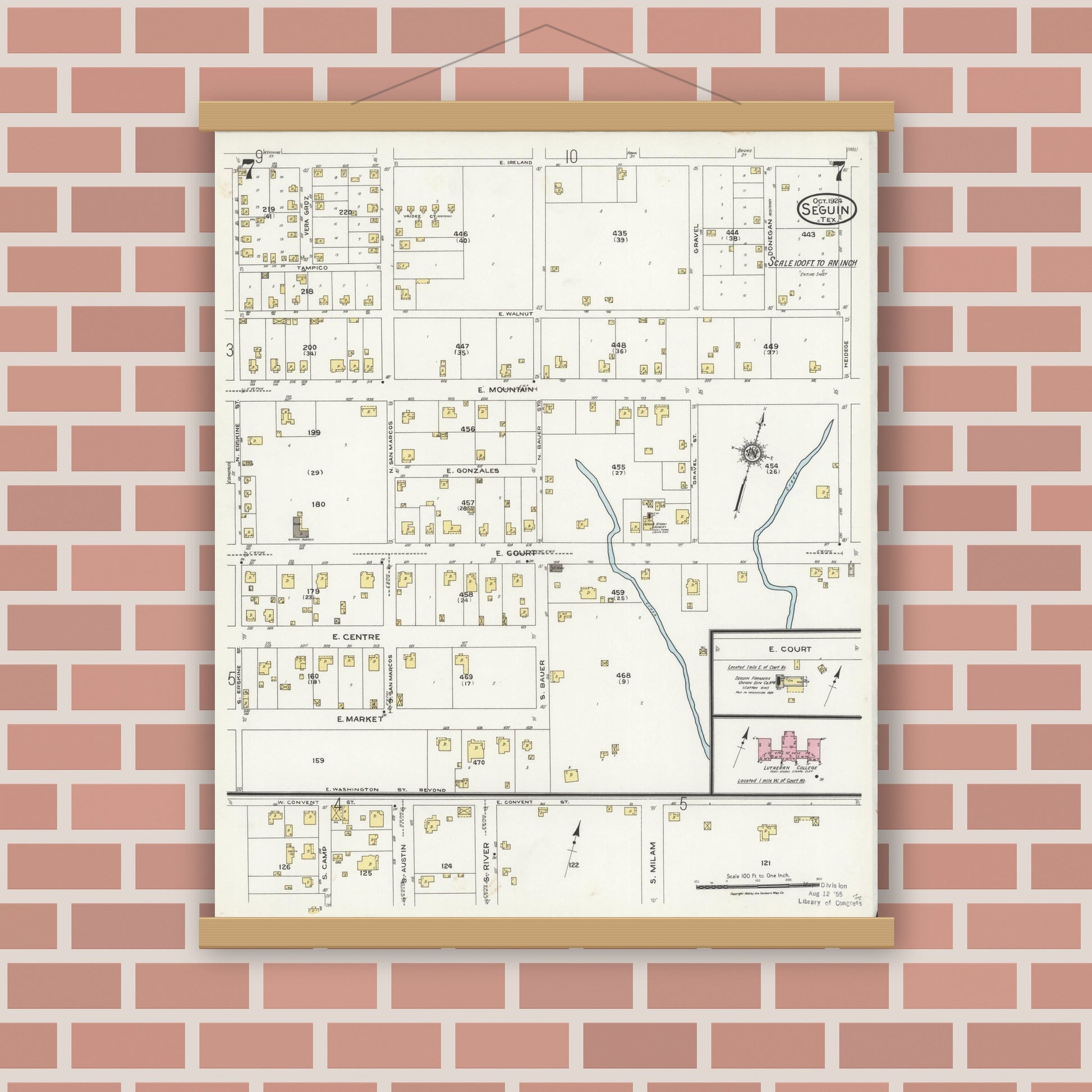 Old map wall art mockup — magnetic wood frame on brick wall — Sanborn Fire Insurance Map from Seguin, Guadalupe County, Texas (1924), Sheet #0007