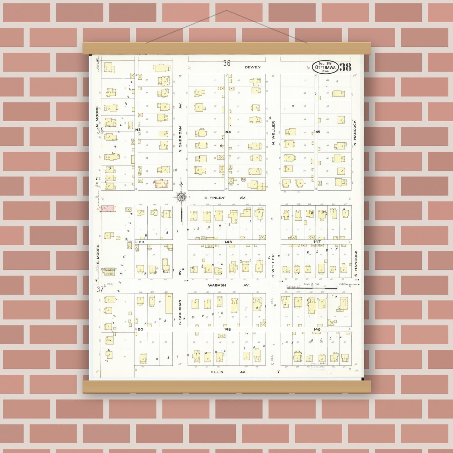 Old map wall art mockup — magnetic wood frame on brick wall — Sanborn Fire Insurance Map from Ottumwa, Wapello County, Iowa (1909), Sheet #0038