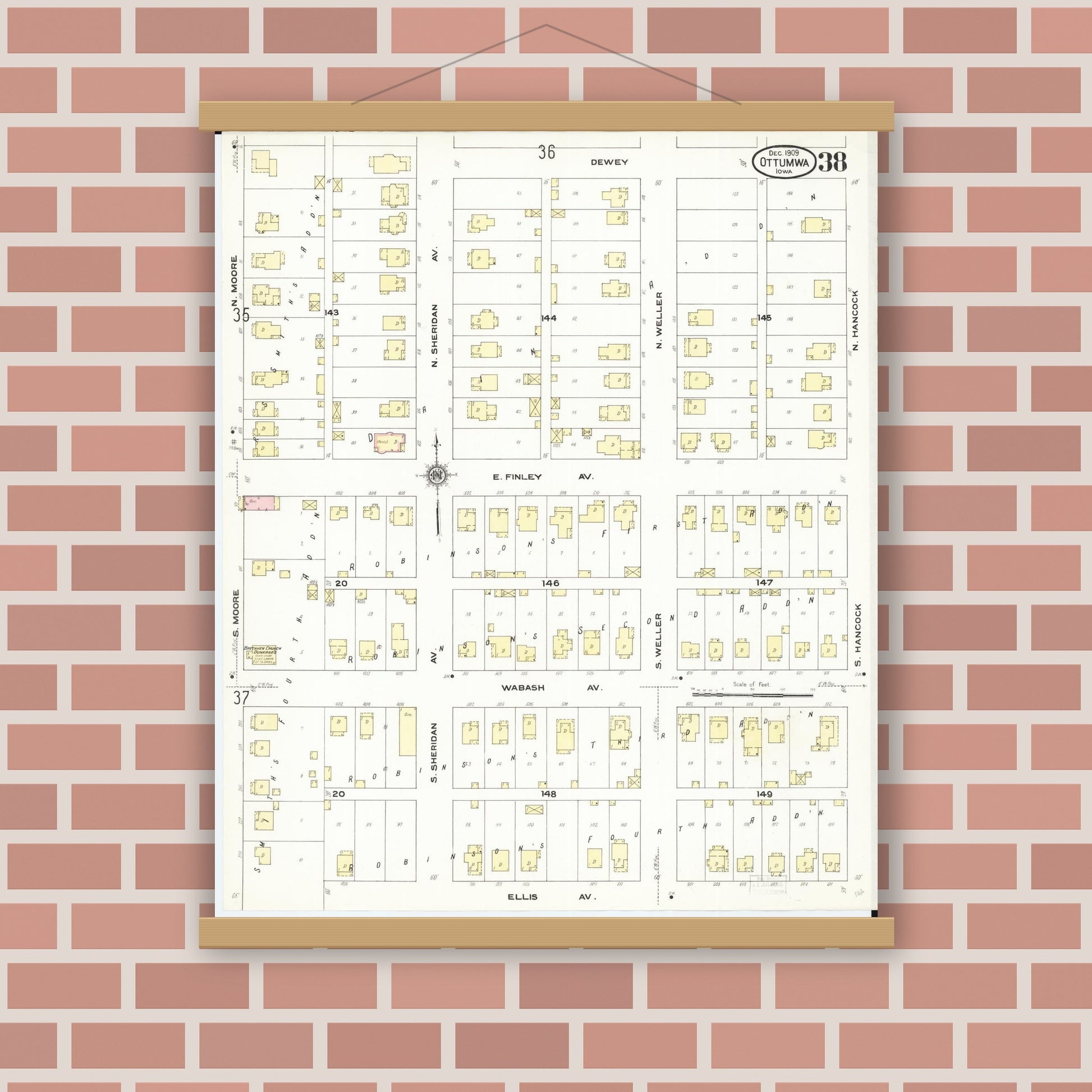 Old map wall art mockup — magnetic wood frame on brick wall — Sanborn Fire Insurance Map from Ottumwa, Wapello County, Iowa (1909), Sheet #0038