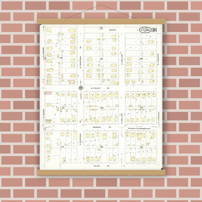 Old map wall art mockup — magnetic wood frame on brick wall — Sanborn Fire Insurance Map from Ottumwa, Wapello County, Iowa (1909), Sheet #0038