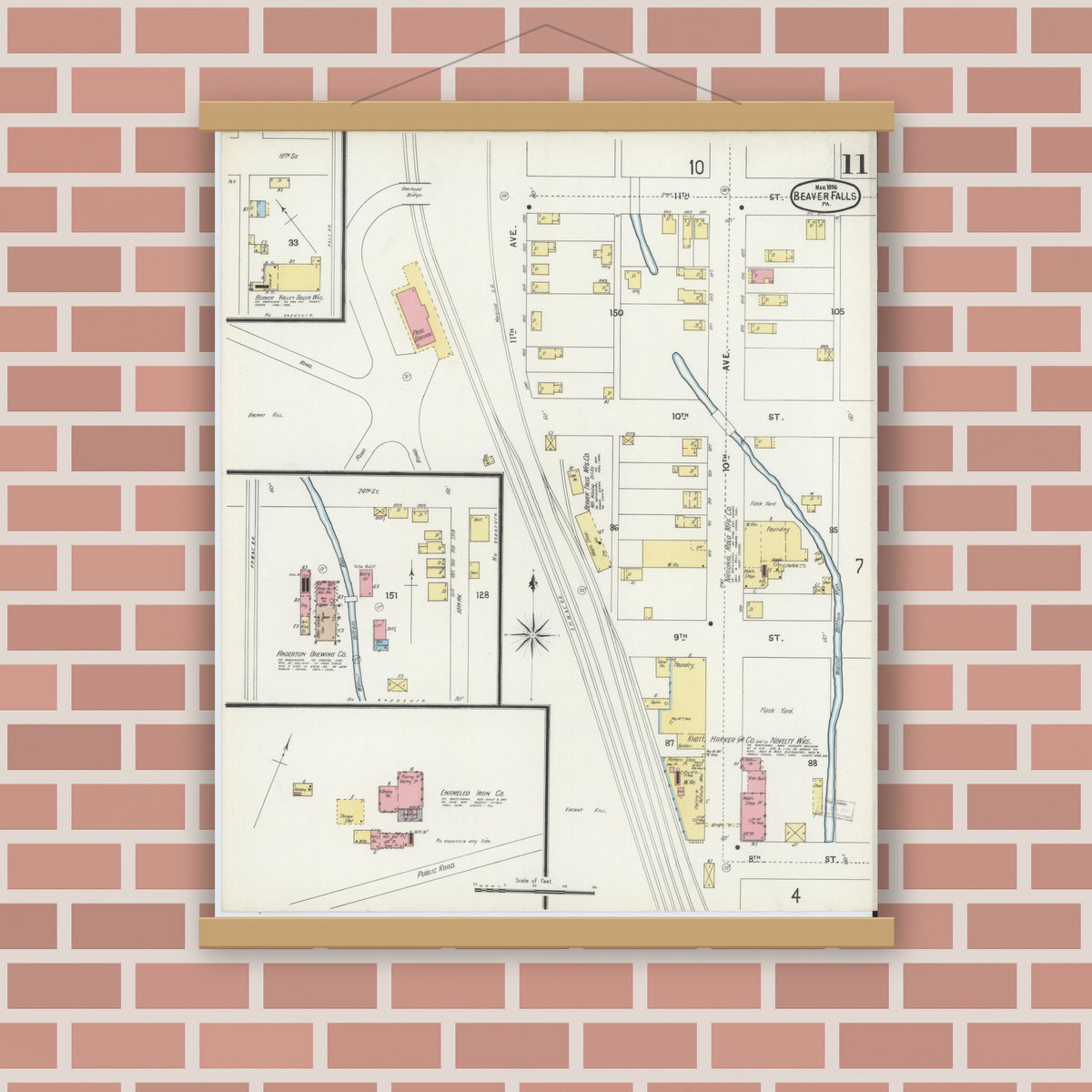 Old map wall art mockup — magnetic wood frame on brick wall — Sanborn Fire Insurance Map from Beaver Falls, Beaver County, Pennsylvania (1896), Sheet #0011