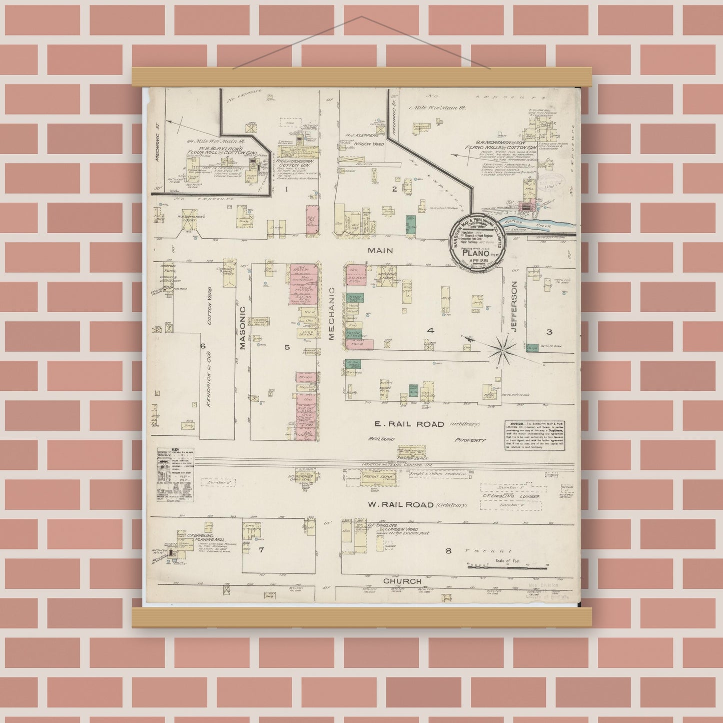 Old map wall art mockup — magnetic wood frame on brick wall — Sanborn Fire Insurance Map from Plano, Collin County, Texas (1885), Sheet #0001