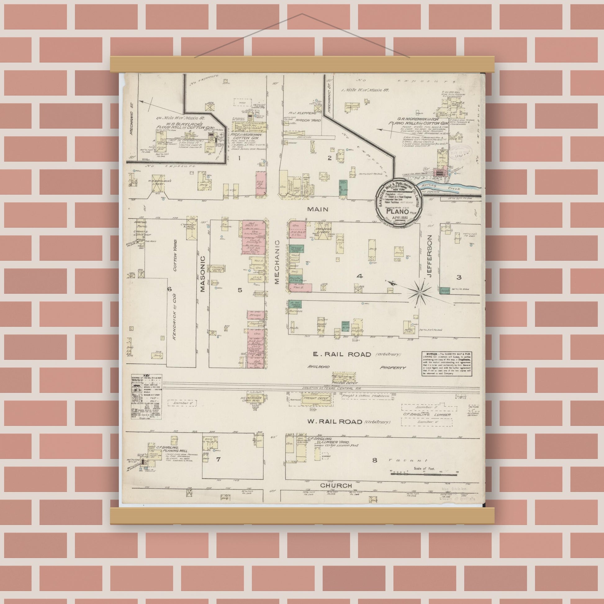 Old map wall art mockup — magnetic wood frame on brick wall — Sanborn Fire Insurance Map from Plano, Collin County, Texas (1885), Sheet #0001