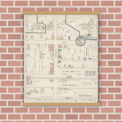 Old map wall art mockup — magnetic wood frame on brick wall — Sanborn Fire Insurance Map from Plano, Collin County, Texas (1885), Sheet #0001