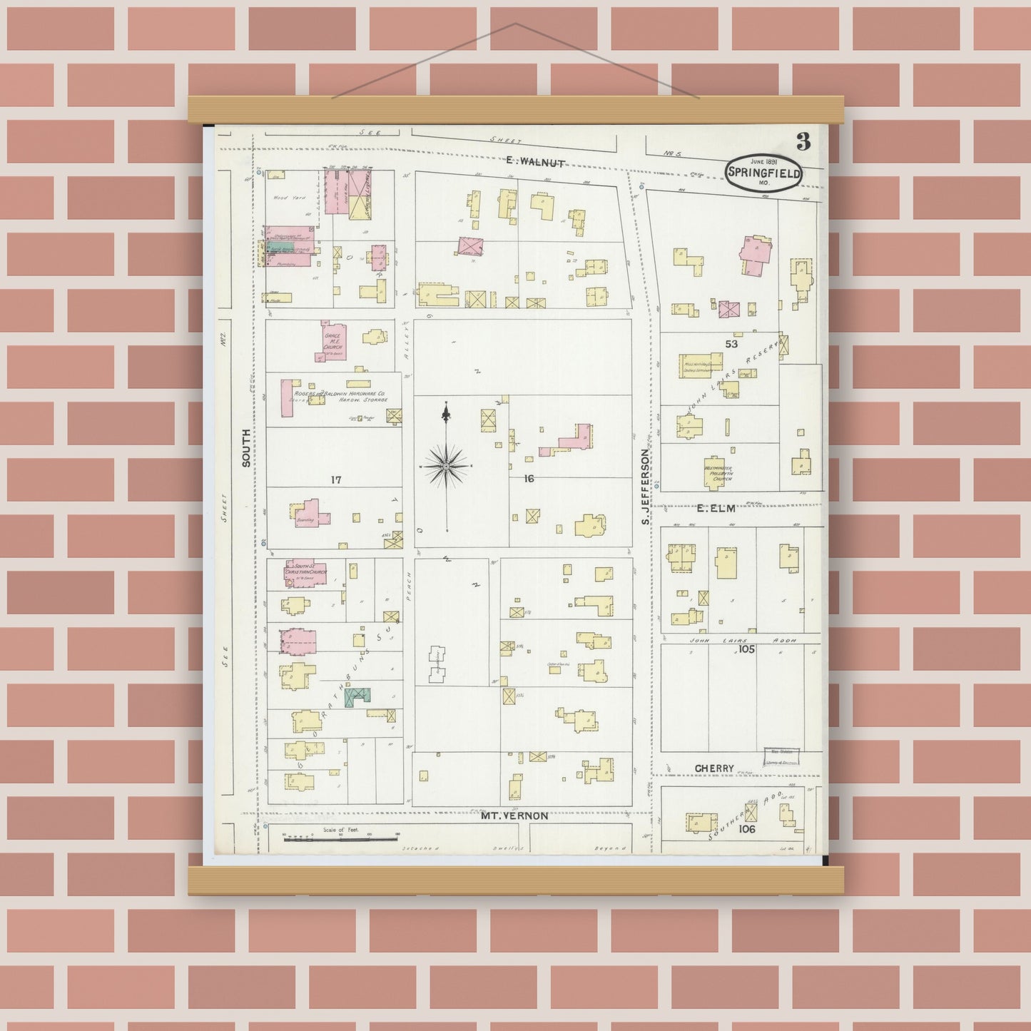 Old map wall art mockup — magnetic wood frame on brick wall — Sanborn Fire Insurance Map from Springfield, Greene County, Missouri (1891), Sheet #0003