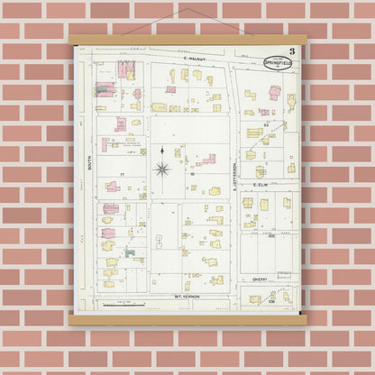 Old map wall art mockup — magnetic wood frame on brick wall — Sanborn Fire Insurance Map from Springfield, Greene County, Missouri (1891), Sheet #0003