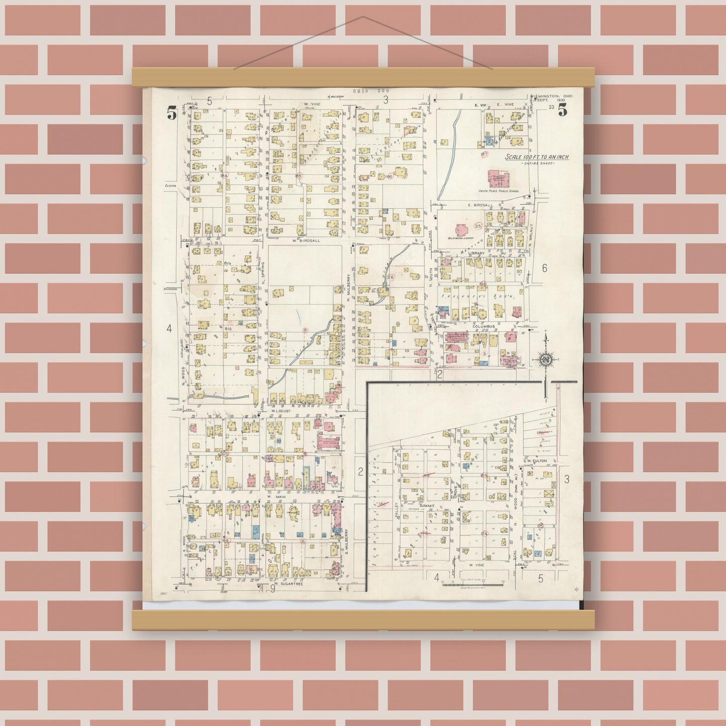 Old map wall art mockup — magnetic wood frame on brick wall — Sanborn Fire Insurance Map from Wilmington, Clinton County, Ohio (1949), Sheet #0005