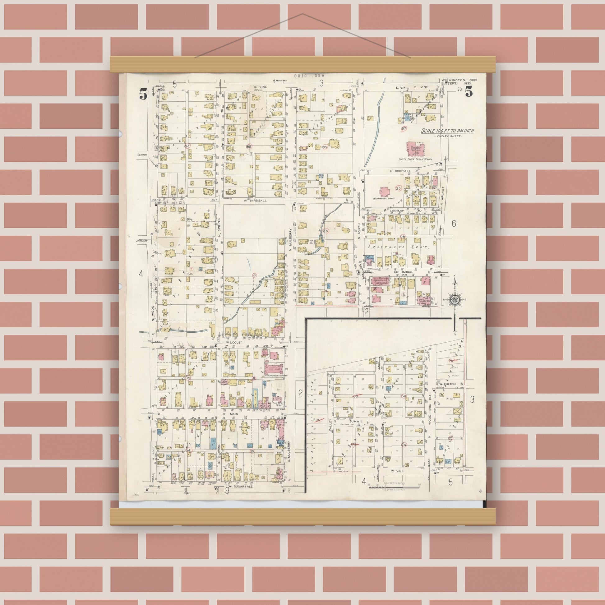 Old map wall art mockup — magnetic wood frame on brick wall — Sanborn Fire Insurance Map from Wilmington, Clinton County, Ohio (1949), Sheet #0005