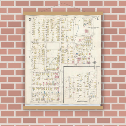 Old map wall art mockup — magnetic wood frame on brick wall — Sanborn Fire Insurance Map from Wilmington, Clinton County, Ohio (1949), Sheet #0005