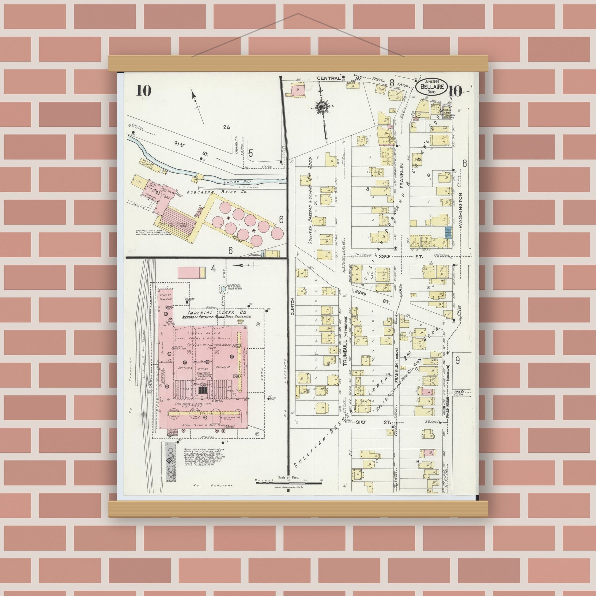Old map wall art mockup — magnetic wood frame on brick wall — Sanborn Fire Insurance Map from Bellaire, Belmont County, Ohio (1924), Sheet #0010