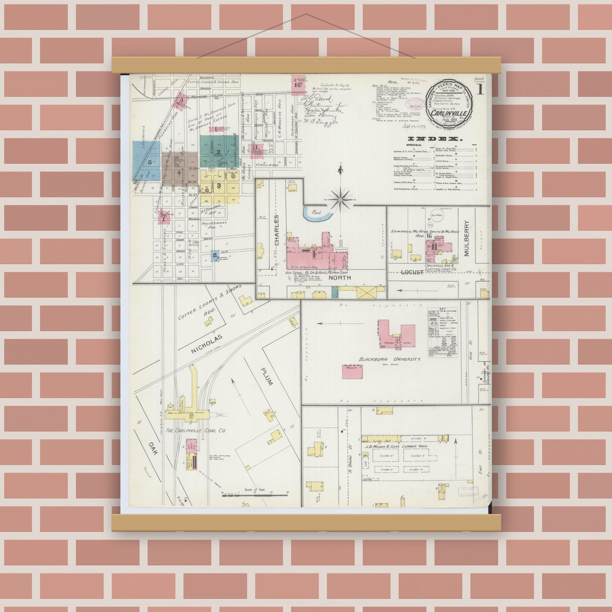 Old map wall art mockup — magnetic wood frame on brick wall — Sanborn Fire Insurance Map from Carlinville, Macoupin County, Illinois (1893) - Complete Map Set