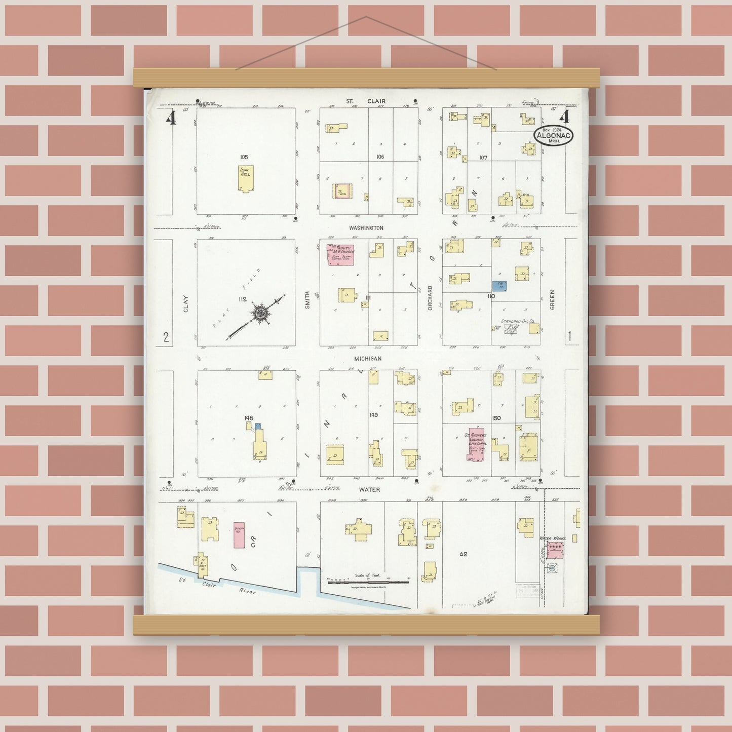 Old map wall art mockup — magnetic wood frame on brick wall — Sanborn Fire Insurance Map from Algonac, Saint Clair County, Michigan (1924), Sheet #0004
