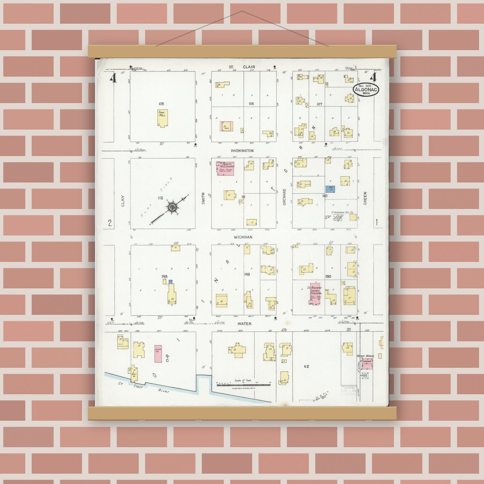 Old map wall art mockup — magnetic wood frame on brick wall — Sanborn Fire Insurance Map from Algonac, Saint Clair County, Michigan (1924), Sheet #0004