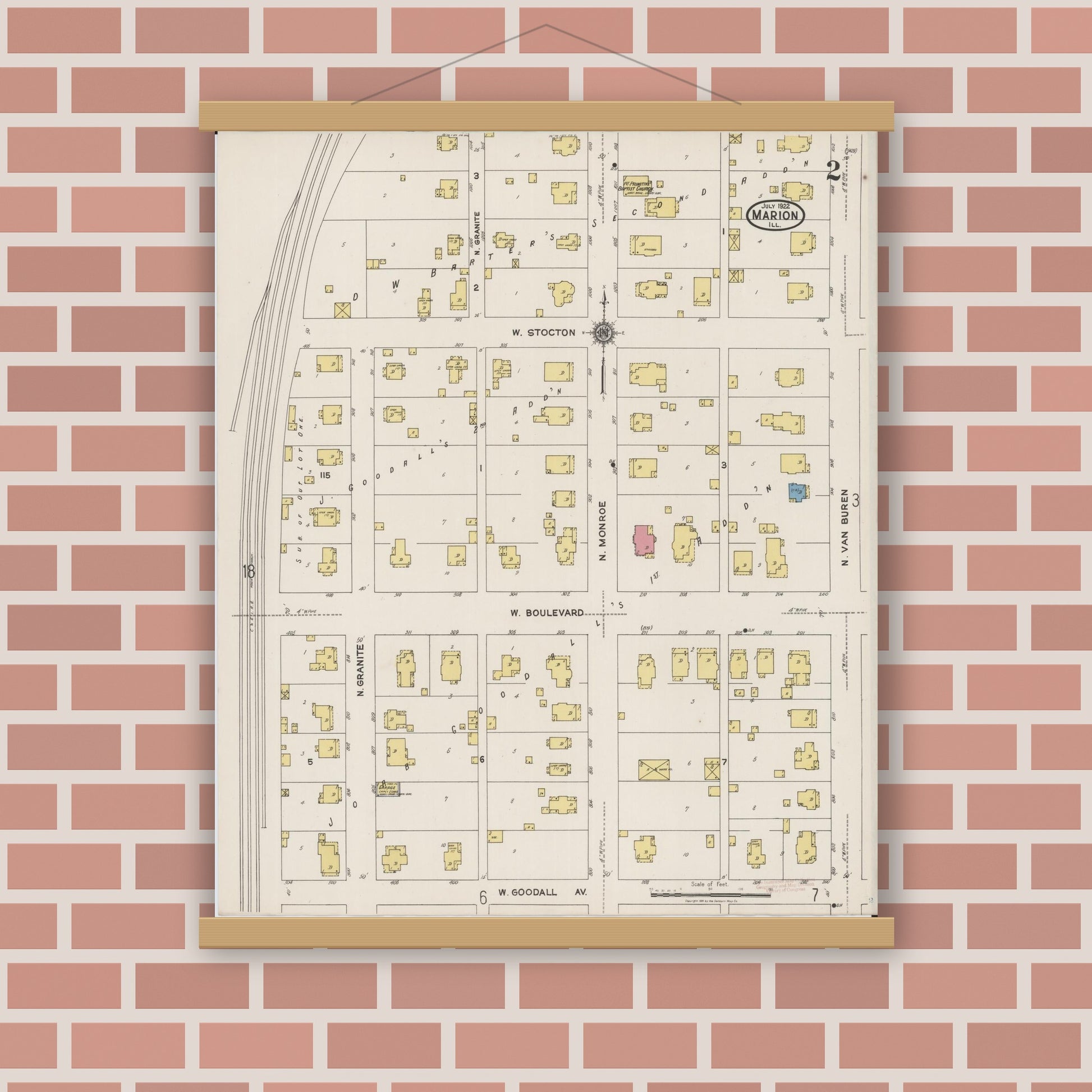 Old map wall art mockup — magnetic wood frame on brick wall — Sanborn Fire Insurance Map from Marion, Williamson County, Illinois (1922), Sheet #0002