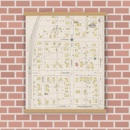 Old map wall art mockup — magnetic wood frame on brick wall — Sanborn Fire Insurance Map from Marion, Williamson County, Illinois (1922), Sheet #0002