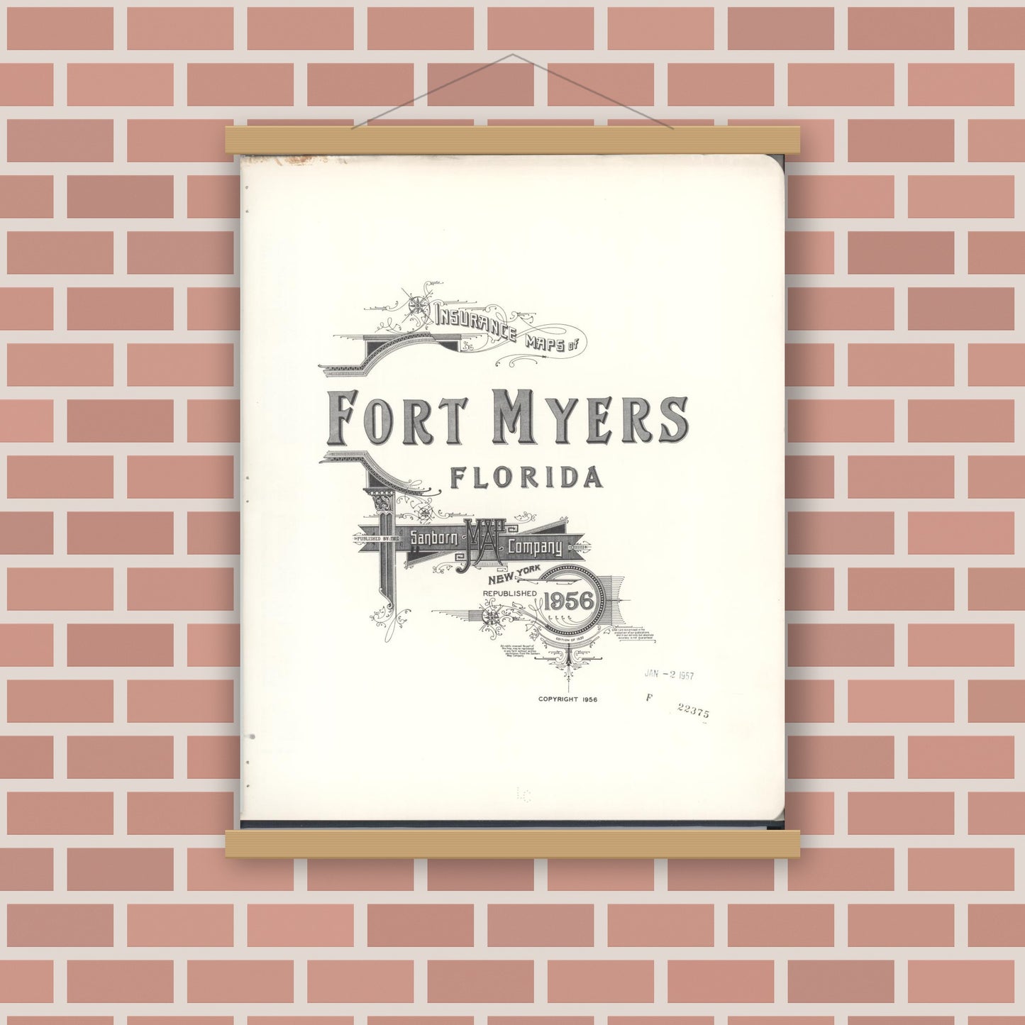 Old map wall art mockup — magnetic wood frame on brick wall — Sanborn Fire Insurance Map from Fort Myers, Lee County, Florida (1956), Sheet #0001