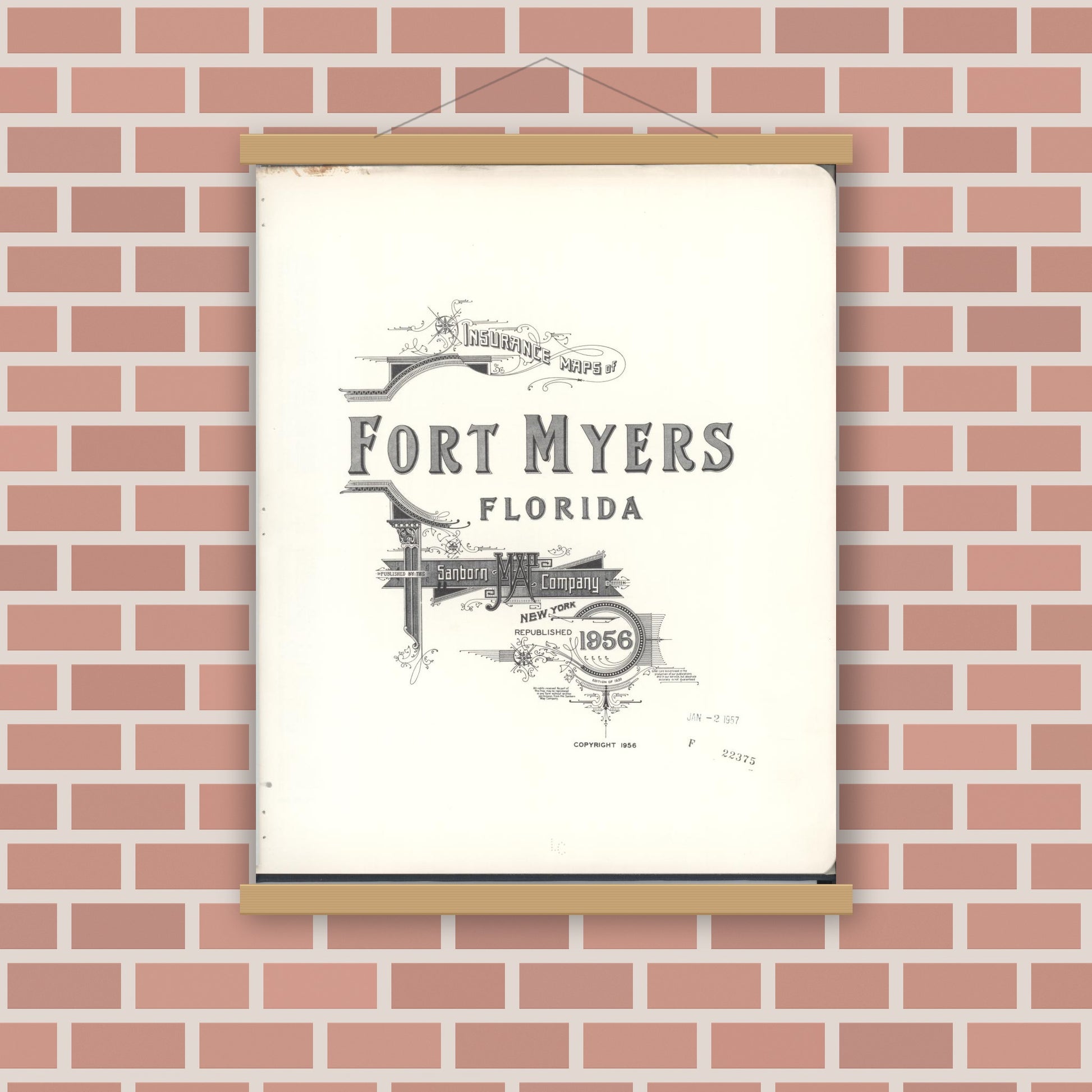 Old map wall art mockup — magnetic wood frame on brick wall — Sanborn Fire Insurance Map from Fort Myers, Lee County, Florida (1956), Sheet #0001