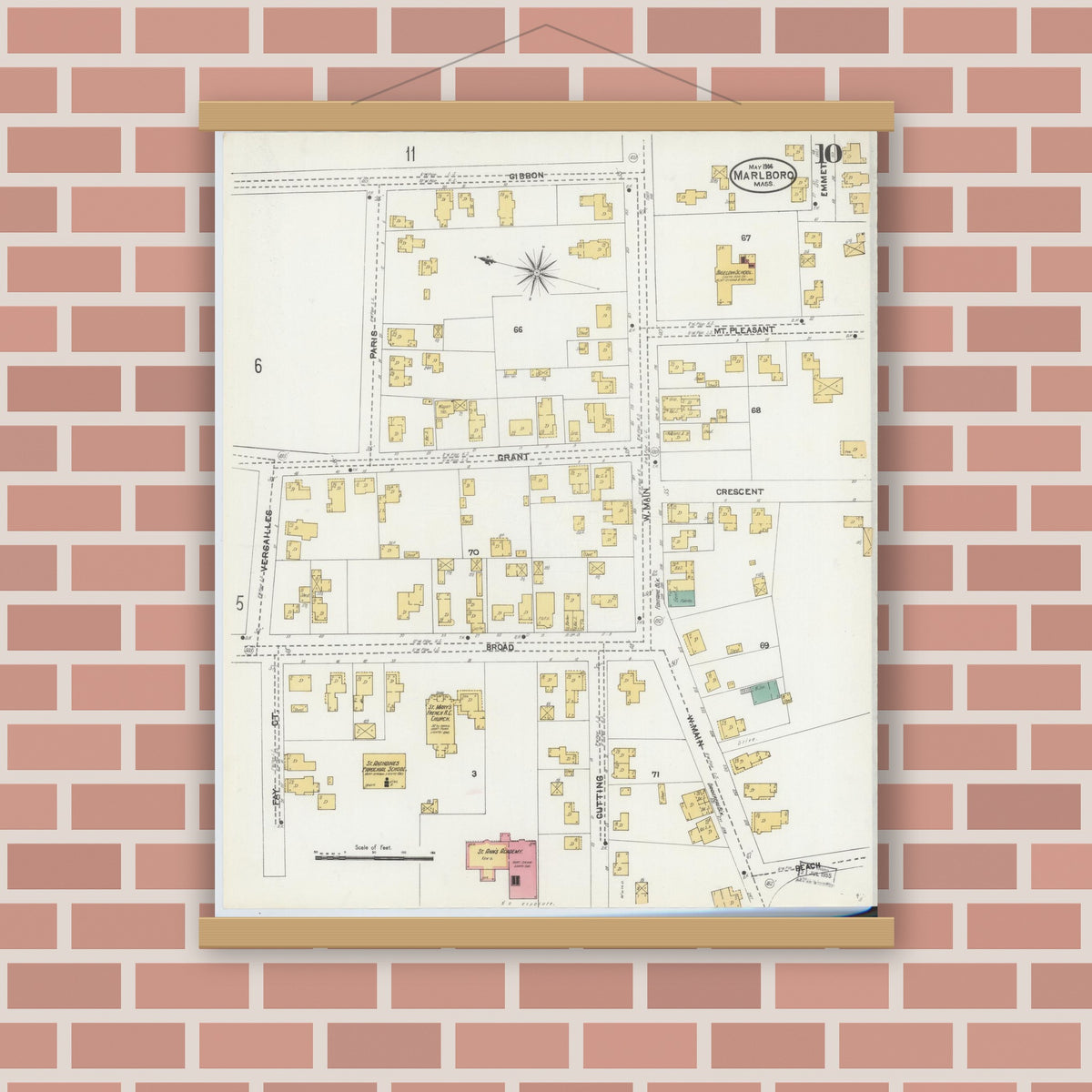 Old map wall art mockup — magnetic wood frame on brick wall — Sanborn Fire Insurance Map from Marlborough, Middlesex County, Massachusetts (1906), Sheet #0010