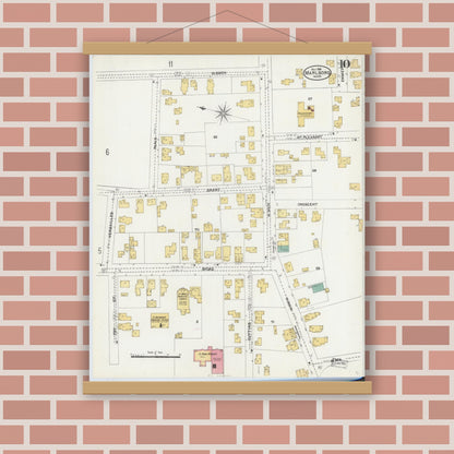 Old map wall art mockup — magnetic wood frame on brick wall — Sanborn Fire Insurance Map from Marlborough, Middlesex County, Massachusetts (1906), Sheet #0010
