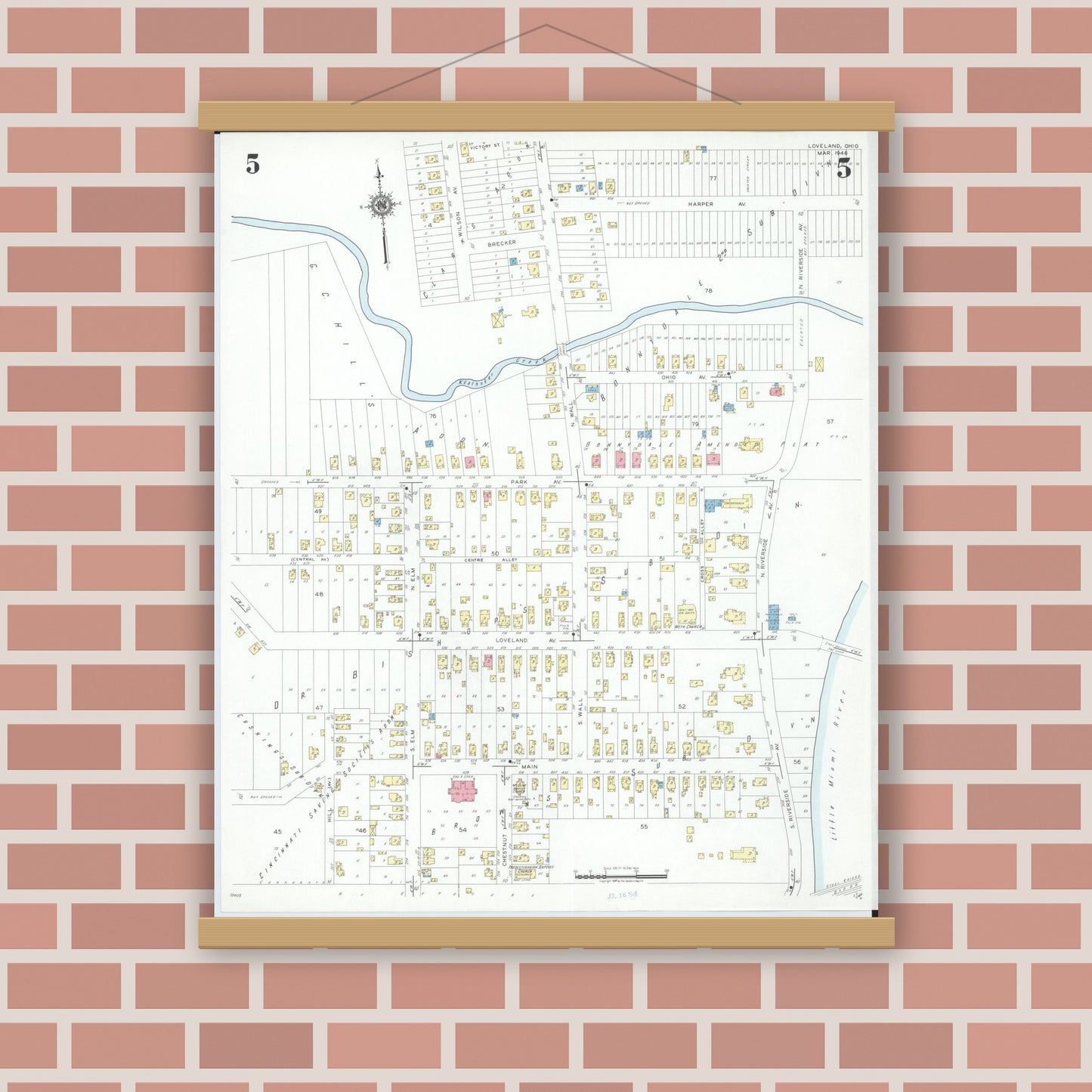 Old map wall art mockup — magnetic wood frame on brick wall — Sanborn Fire Insurance Map from Loveland, Clermont, Hamilton, And Warren County, Ohio (1946), Sheet #0005